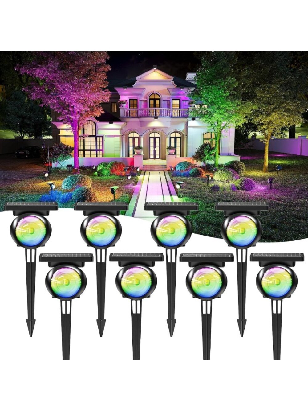 8-Pack Waterproof Solar Spot Lights for Outdoor Use - RGB & 3CCT Tree Uplights